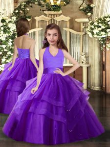Floor Length Lace Up Little Girls Pageant Gowns Purple for Party and Sweet 16 and Wedding Party with Ruffled Layers