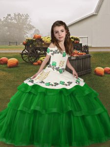 Excellent Straps Sleeveless Pageant Dress for Girls Floor Length Embroidery and Ruffled Layers Green Tulle