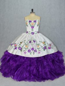 New Style Organza Sweetheart Sleeveless Lace Up Embroidery and Ruffles Quinceanera Dress in White And Purple