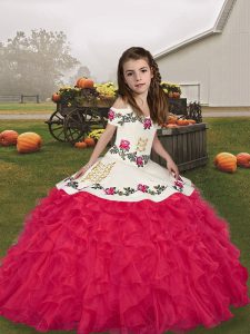 Exquisite Straps Sleeveless Kids Pageant Dress Floor Length Embroidery and Ruffles Coral Red Organza