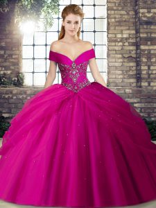 Popular Fuchsia Ball Gowns Beading and Pick Ups Ball Gown Prom Dress Lace Up Tulle Sleeveless