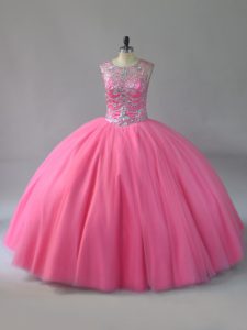 Extravagant Lace Up Quince Ball Gowns Pink for Sweet 16 and Quinceanera with Beading