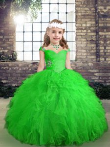 Custom Design Green Sleeveless Floor Length Beading and Ruffles Lace Up Kids Formal Wear