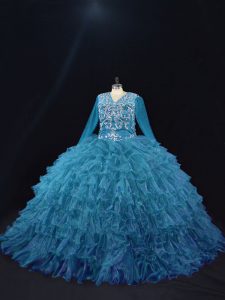 Extravagant V-neck Long Sleeves Quinceanera Dress Floor Length Beading and Ruffled Layers Teal Organza