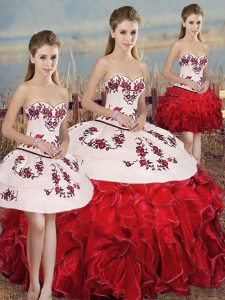 White And Red Ball Gowns Sweetheart Sleeveless Organza Floor Length Lace Up Embroidery and Ruffles and Bowknot Juniors Party Dress
