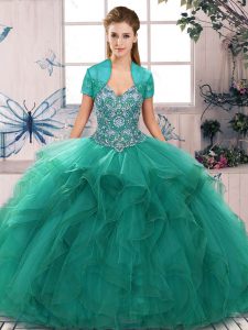 Cheap Floor Length Lace Up Quinceanera Gowns Turquoise for Military Ball and Sweet 16 and Quinceanera with Beading and Ruffles