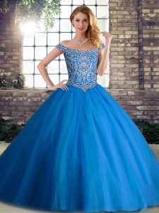 Off The Shoulder Sleeveless Brush Train Lace Up Military Ball Gowns Blue Tulle