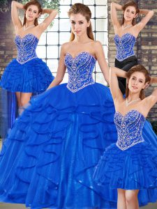 Clearance Royal Blue Ball Gowns Beading and Ruffles Quinceanera Dress Lace Up Tulle Sleeveless Floor Length