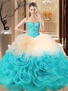 Decent Sweetheart Sleeveless Sweet 16 Dresses Floor Length Beading and Ruffles Multi-color Fabric With Rolling Flowers