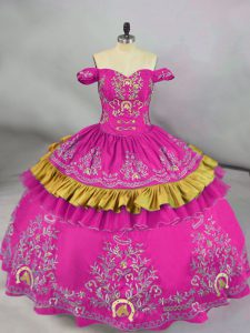 Lovely Fuchsia Ball Gowns Off The Shoulder Sleeveless Satin Floor Length Side Zipper Embroidery Sweet 16 Quinceanera Dress