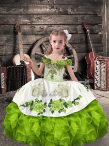 Organza Lace Up Little Girls Pageant Gowns Sleeveless Floor Length Beading and Embroidery and Ruffles