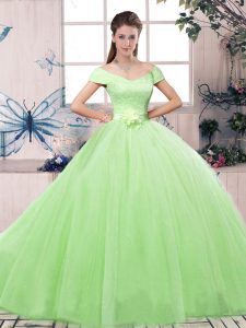 Super Ball Gowns Tulle Off The Shoulder Short Sleeves Lace and Hand Made Flower Floor Length Lace Up Sweet 16 Dress