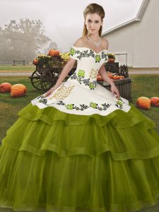 Most Popular Sleeveless Embroidery and Ruffled Layers Lace Up Ball Gown Prom Dress with Olive Green Brush Train