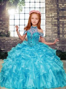 Floor Length Lace Up High School Pageant Dress Aqua Blue for Party and Military Ball and Wedding Party with Beading and Ruffles
