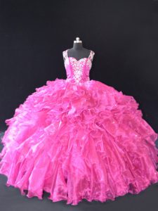 Attractive Fuchsia Sleeveless Organza Lace Up Vestidos de Quinceanera for Sweet 16 and Quinceanera