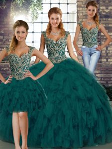 High Class Peacock Green Straps Lace Up Beading and Ruffles Quinceanera Dresses Sleeveless