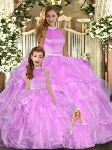 Admirable Lilac Sleeveless Beading and Ruffles Floor Length 15th Birthday Dress