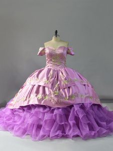 Lavender Sleeveless Organza Chapel Train Lace Up Sweet 16 Quinceanera Dress for Sweet 16 and Quinceanera