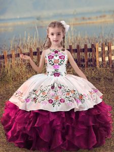 Fuchsia Scoop Neckline Embroidery and Ruffles Little Girl Pageant Gowns Sleeveless Lace Up