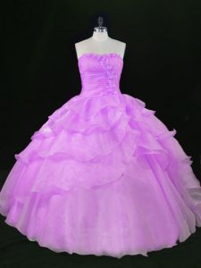 High Class Lavender Ball Gowns Sweetheart Sleeveless Organza Floor Length Lace Up Beading and Ruffles Vestidos de Quinceanera