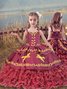 Super Wine Red Organza Lace Up Kids Formal Wear Sleeveless Floor Length Beading and Embroidery and Ruffled Layers