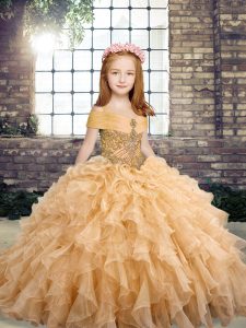 Cheap Peach Tulle Lace Up Pageant Dress for Teens Sleeveless Floor Length Beading and Ruffles