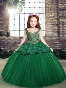 Hot Selling Dark Green Sleeveless Floor Length Beading and Lace Lace Up Pageant Dress Womens