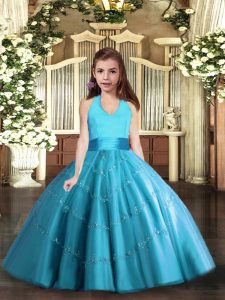 Sweet Baby Blue Ball Gowns Halter Top Sleeveless Tulle Floor Length Lace Up Beading Little Girls Pageant Dress