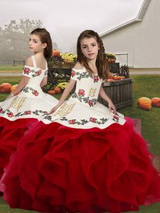 High Quality Straps Sleeveless Lace Up Little Girl Pageant Gowns Red Organza