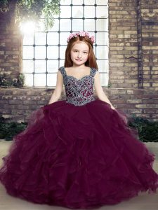 Affordable Ball Gowns Custom Made Pageant Dress Purple Straps Tulle Sleeveless Floor Length Lace Up