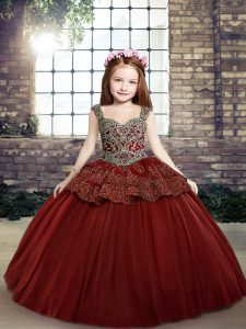 Fantastic Red Ball Gowns Tulle Straps Sleeveless Beading Floor Length Lace Up Pageant Dress Toddler
