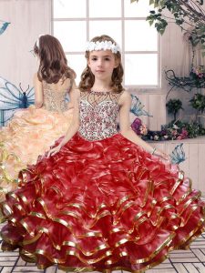 Scoop Sleeveless Lace Up Little Girls Pageant Gowns Red Organza