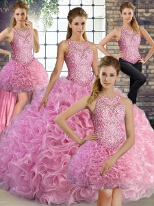 Flare Rose Pink Lace Up Quinceanera Gown Beading Sleeveless Floor Length