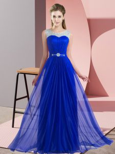 Latest Royal Blue Empire Chiffon Scoop Sleeveless Beading Floor Length Lace Up Quinceanera Dama Dress