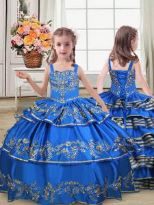 Low Price Royal Blue Straps Neckline Embroidery and Ruffled Layers Little Girl Pageant Gowns Sleeveless Lace Up