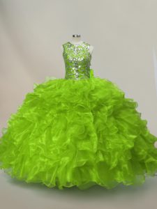 Glittering Green Lace Up Scoop Ruffles and Sequins Quinceanera Dress Organza Sleeveless
