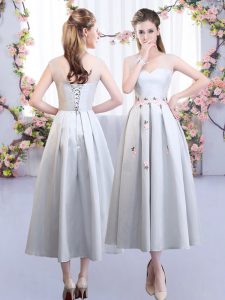 Satin Sleeveless Tea Length Quinceanera Court Dresses and Appliques