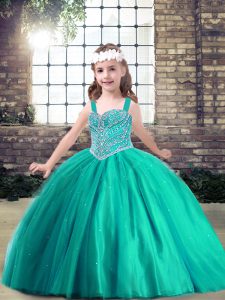 Straps Sleeveless Tulle Pageant Gowns For Girls Beading Side Zipper