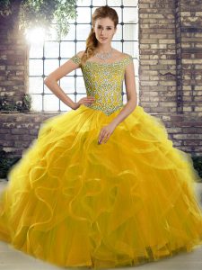 Glorious Off The Shoulder Sleeveless Brush Train Lace Up Quinceanera Dress Gold Tulle