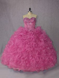 Classical Rose Pink Quinceanera Gown Organza Brush Train Sleeveless Beading and Ruffles