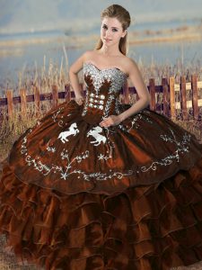 Brown Sweet 16 Dresses Sweet 16 and Quinceanera with Embroidery and Ruffles Sweetheart Sleeveless Lace Up