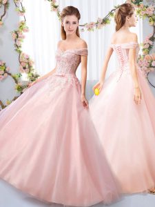 Appliques and Belt Quinceanera Court Dresses Pink Lace Up Sleeveless Floor Length