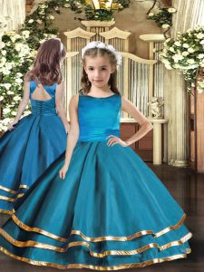 Teal Lace Up Little Girls Pageant Dress Ruffled Layers Sleeveless Floor Length