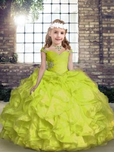 Yellow Green Ball Gowns Beading and Ruffles and Ruching Girls Pageant Dresses Lace Up Organza Sleeveless Floor Length