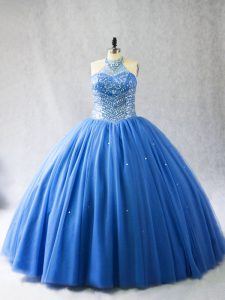 Blue Lace Up Halter Top Beading Ball Gown Prom Dress Tulle Sleeveless Brush Train