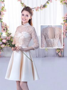 Superior Champagne Half Sleeves Satin Lace Up Quinceanera Dama Dress for Wedding Party