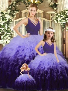 Ball Gowns Ball Gown Prom Dress Multi-color V-neck Tulle Sleeveless Floor Length Backless