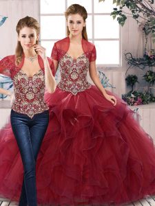 Simple Burgundy Lace Up Party Dress Wholesale Beading and Ruffles Sleeveless Floor Length