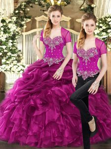 Modest Fuchsia Quinceanera Gowns Military Ball and Sweet 16 and Quinceanera with Beading and Ruffles and Pick Ups Sweetheart Sleeveless Lace Up