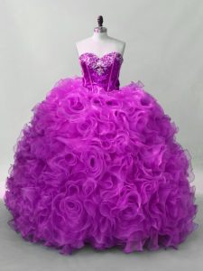 Hot Sale Purple Ball Gowns Organza and Fabric With Rolling Flowers Sweetheart Sleeveless Sequins Floor Length Lace Up Quinceanera Dress